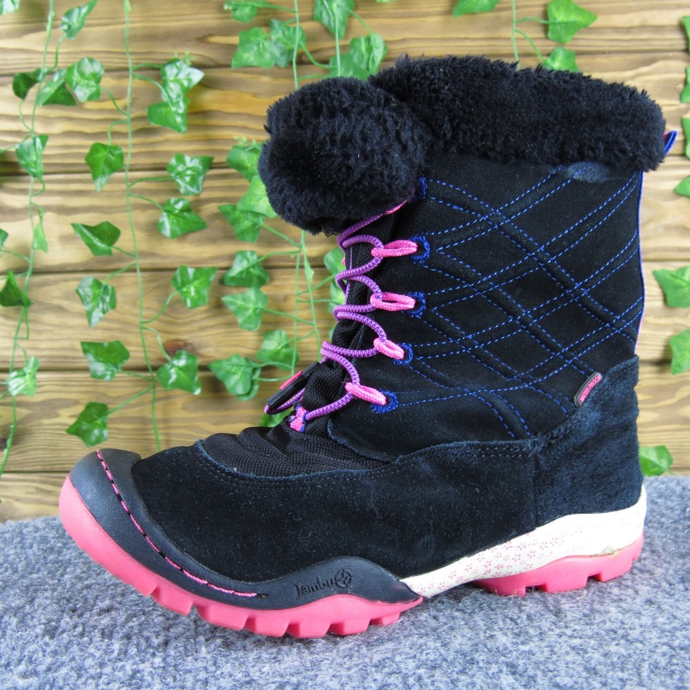 Jambu Black Suede Winter Boots Girls 4 Pink Sole Faux‎ Fur Lace Up Waterproof